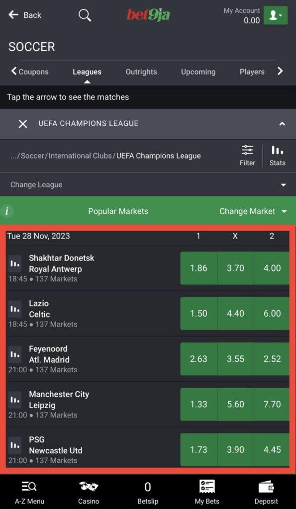 Bet9ja UEFA Champions league events