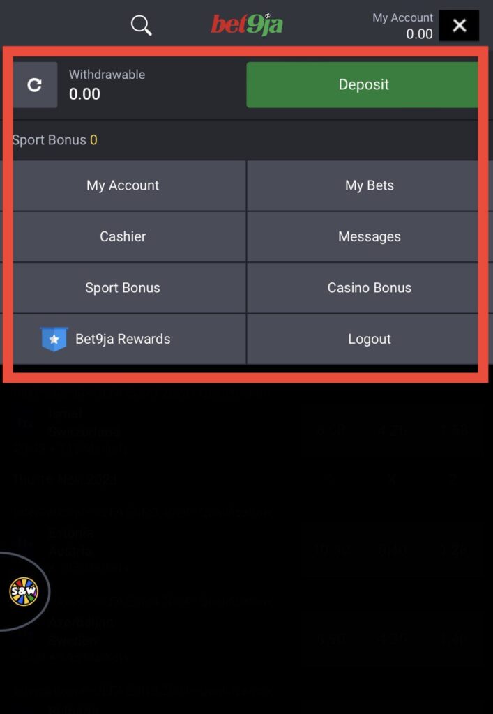 Bet9ja account drop-down menu