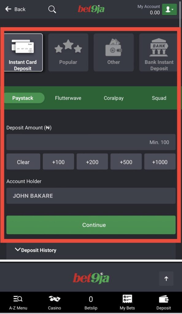 Bet9ja deposit page