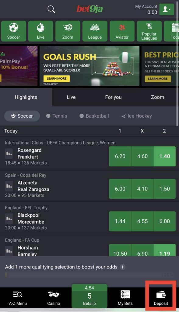 Bet9ja website, deposit button