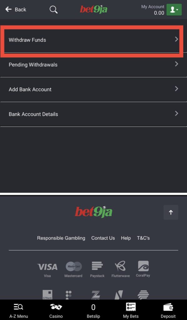 Bet9ja withdraw funds option