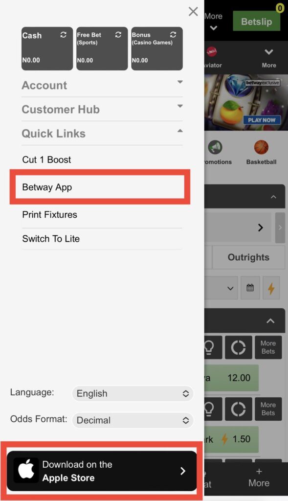 Betway Menu Mobile App Links