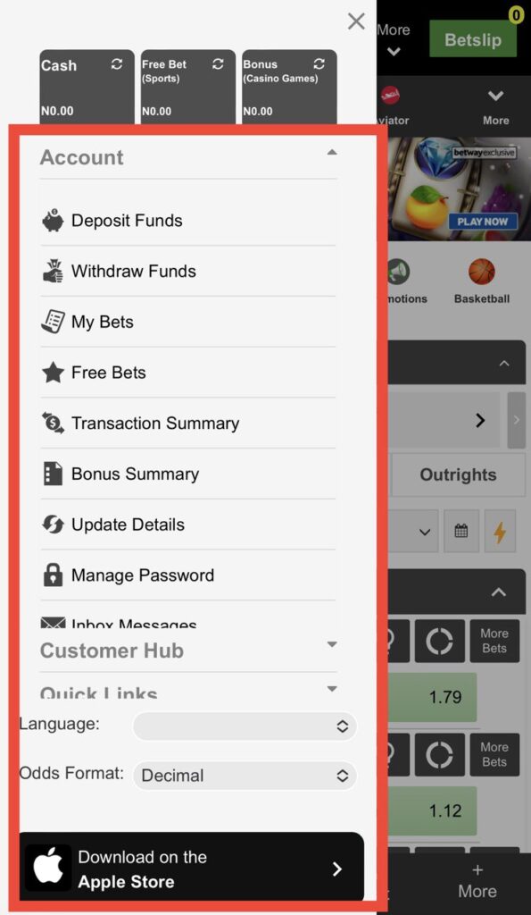 Betway Menu options