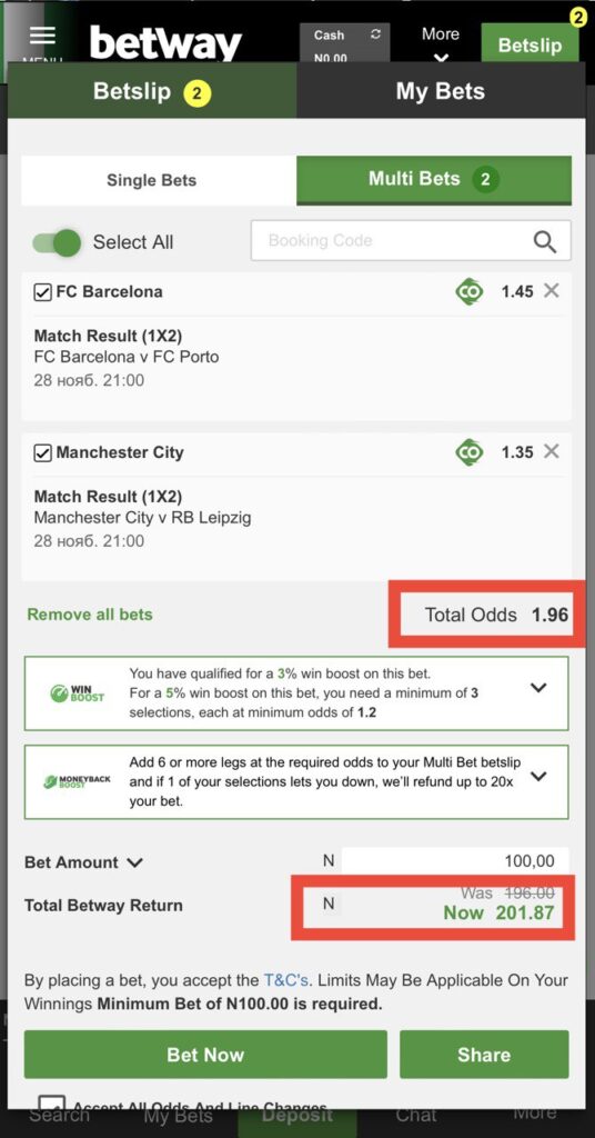 Betway Win Boost Example Betslip