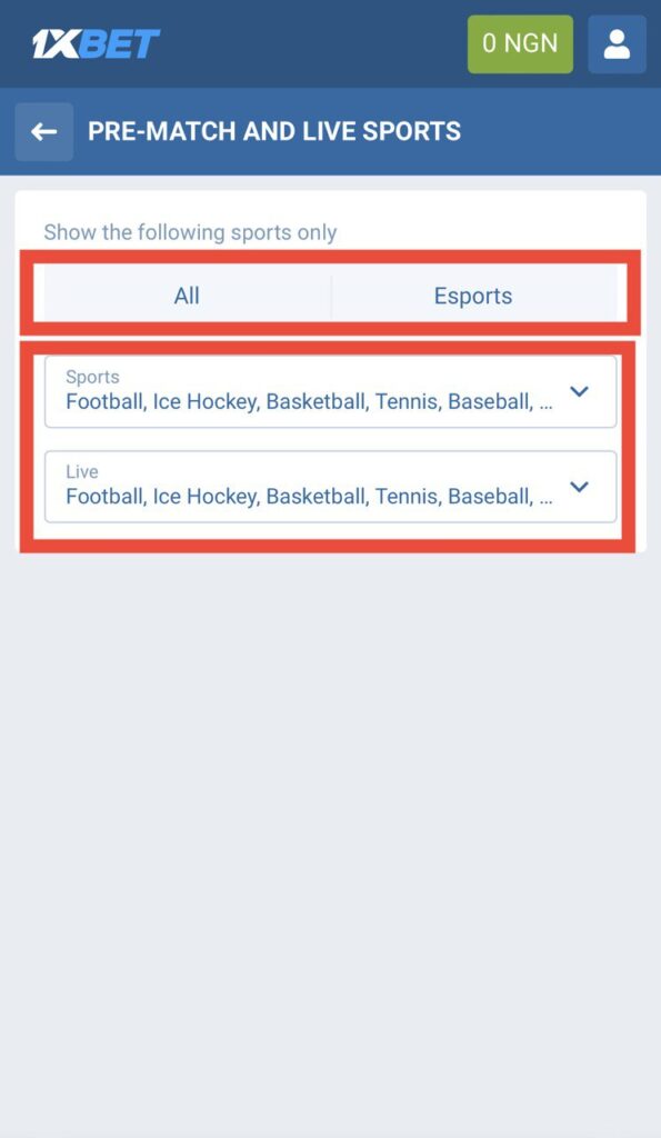 1xBet pre-match and live categories
