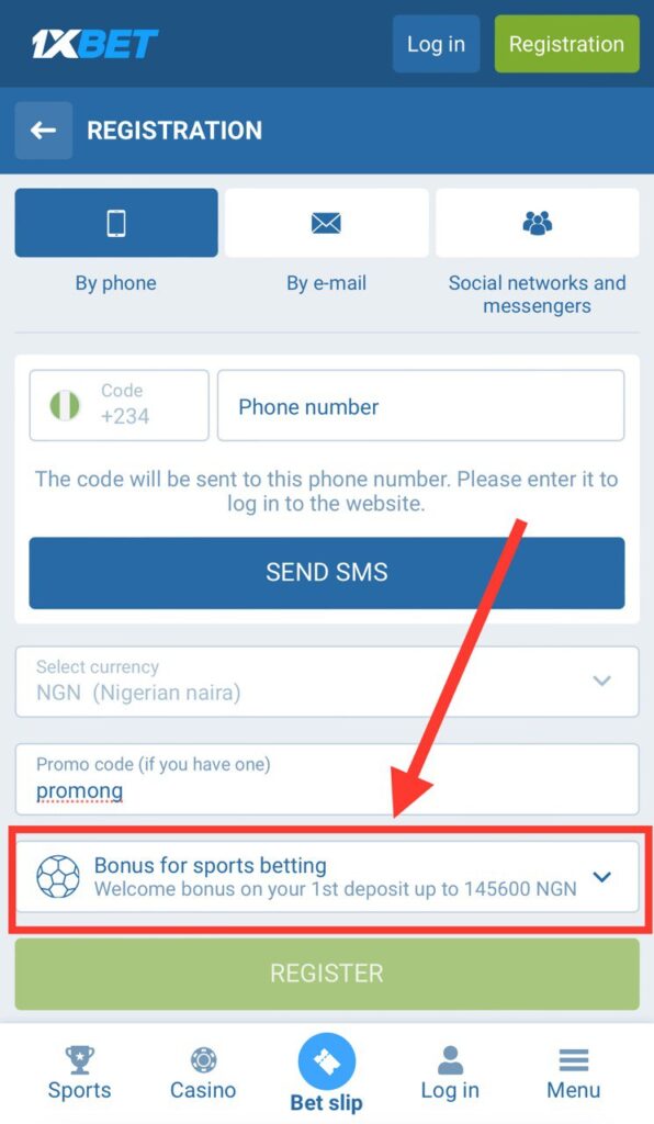 1xBet Bonus type select, registration form