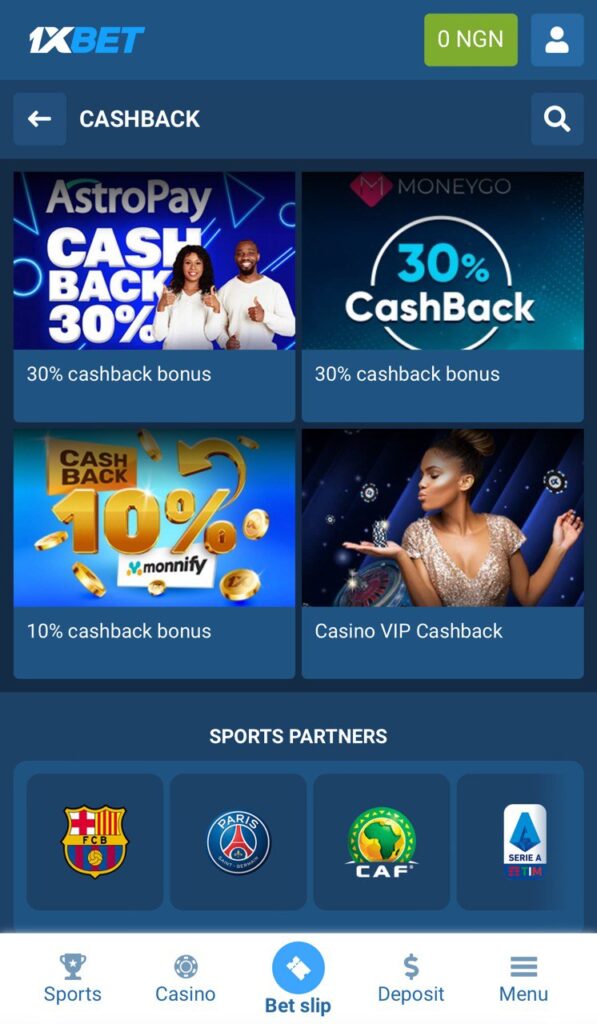 1xBet Cashback Offers list