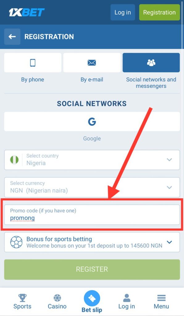 1xBet Promo Code registration by social media