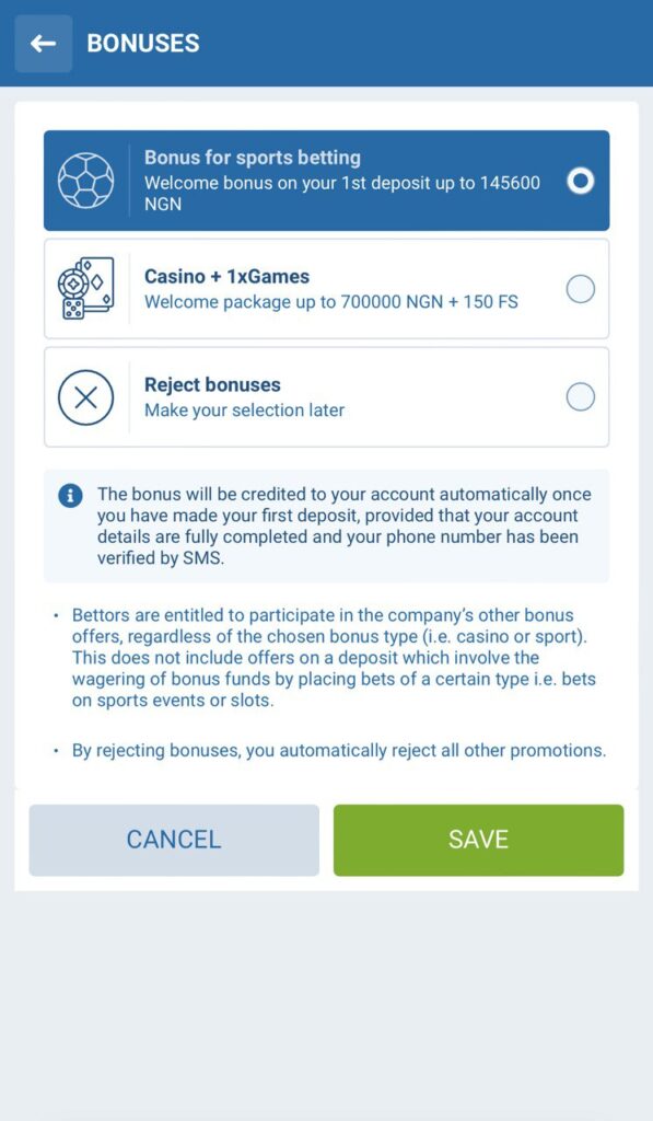 1xBet bonus type page