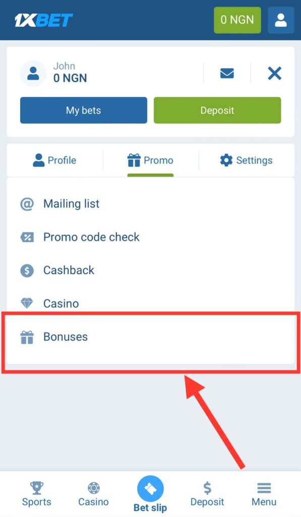 1xBet profile, Bonuses button