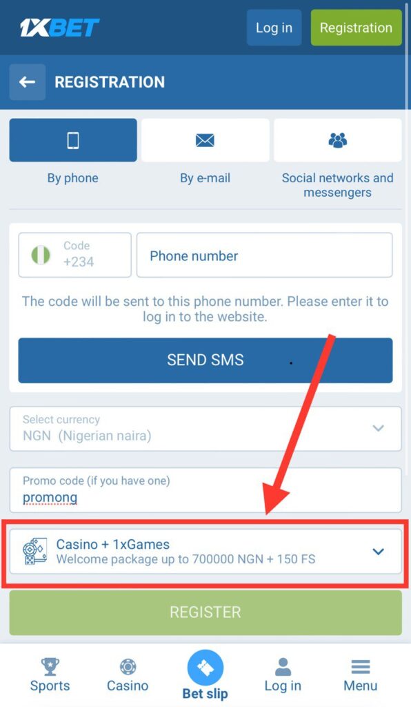 1xBet registration, Casino Welcome Bonus selected option