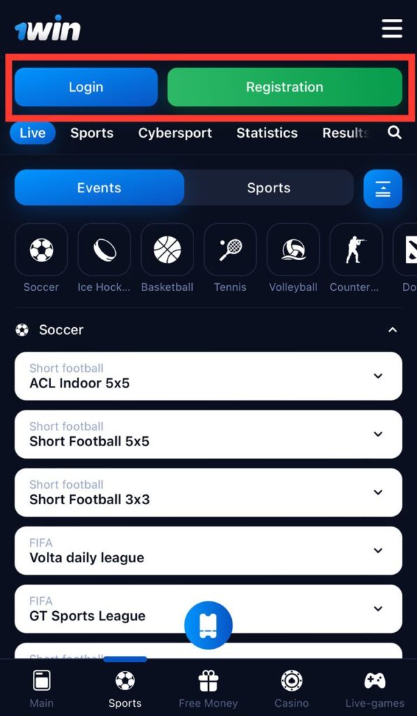 1win Registration and Login Buttons