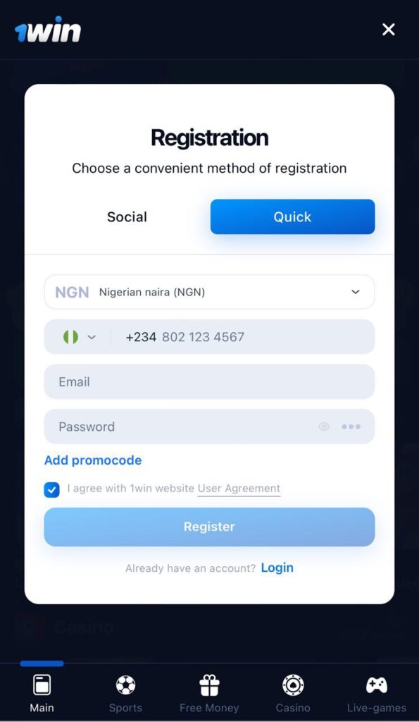 1win Registration Form