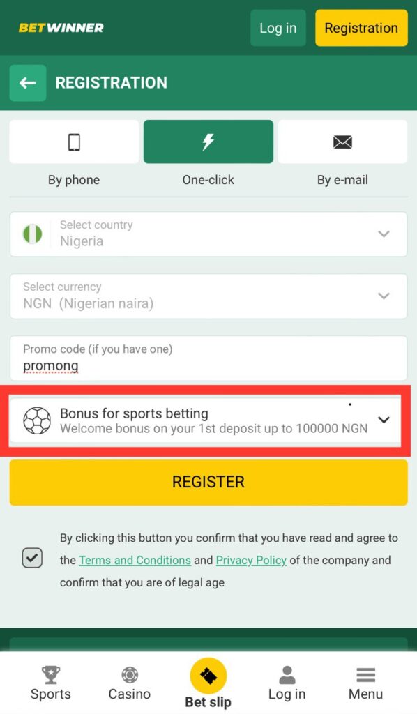 BetWinner bonus type button