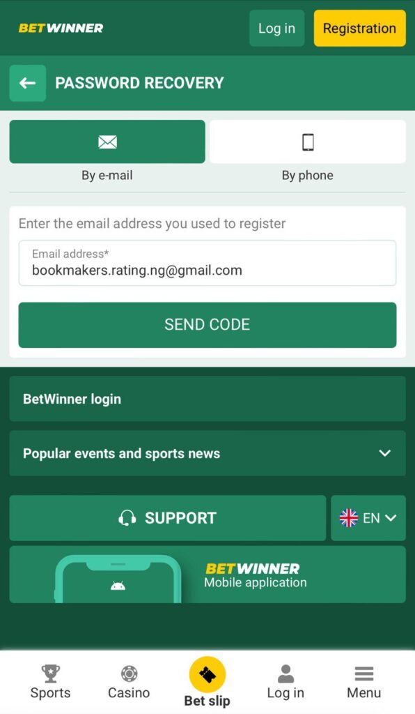 BetWinner password recovery page