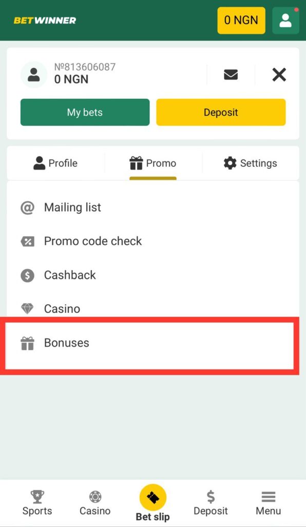 BetWinner profile, bonuses button