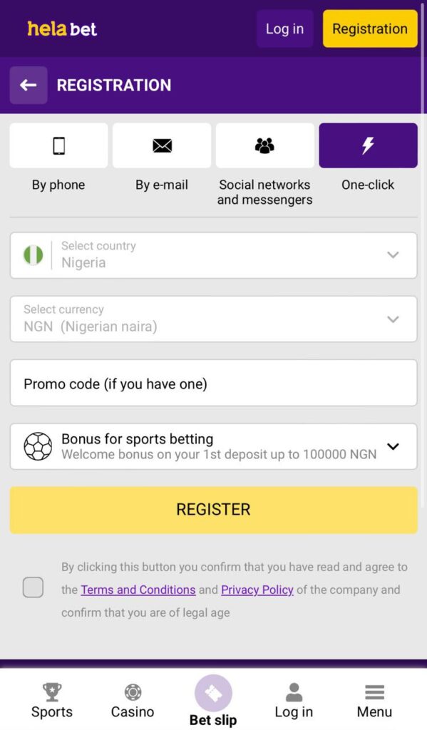 Helabet One-click Registration Form