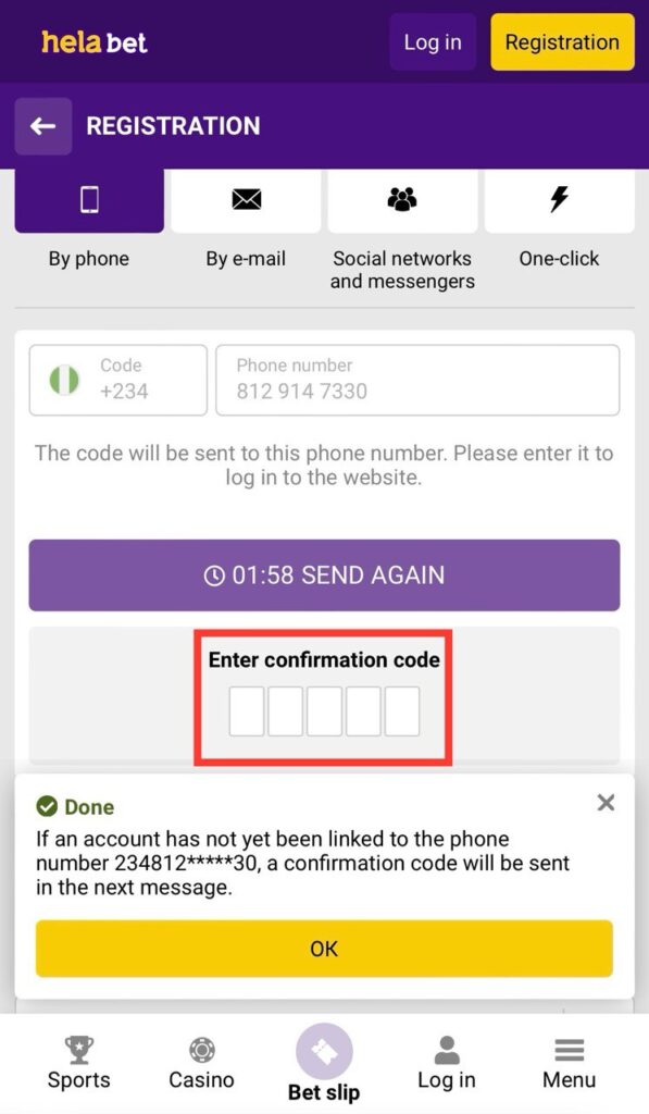 Helabet Phone Number Confirmation