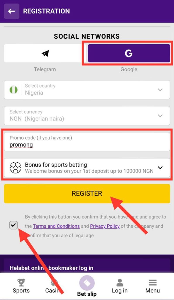 Helabet Registration Form By Social Media