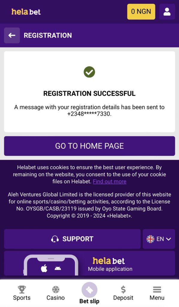 Helabet Registration Successful