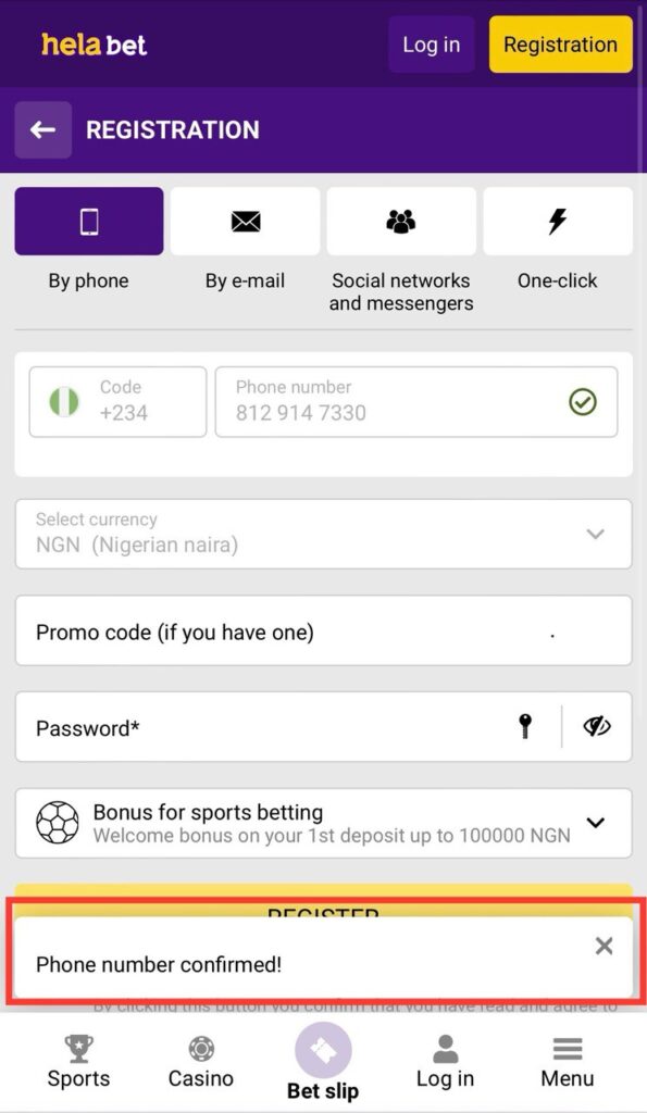 Helabet Registration Phone Number Confirmed