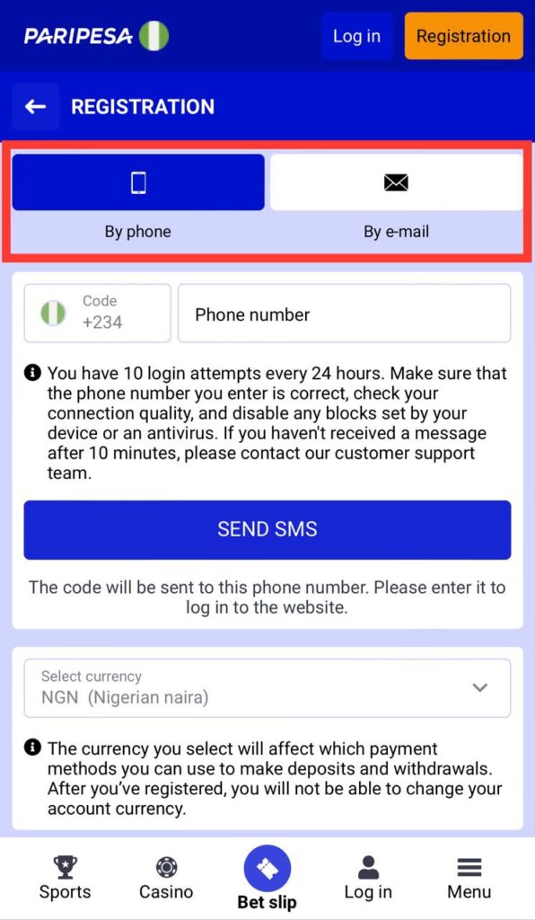 Paripesa Registration Methods