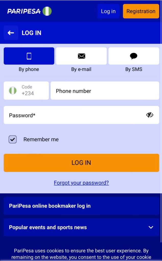 Paripesa login form