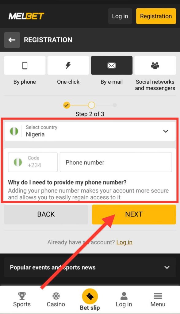 Melbet Email Registration Country and Phone Number Inputs