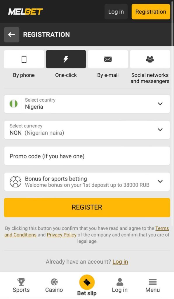 Melbet One-click Registration Form