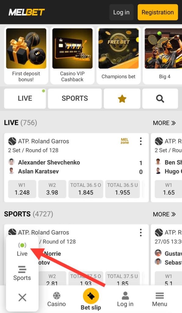 Melbet Sports Dropdown Menu